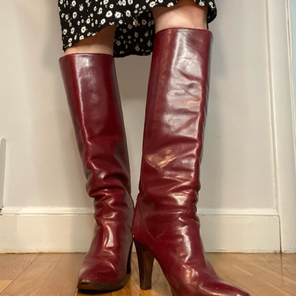Burgundy Leather Knee-High Boots